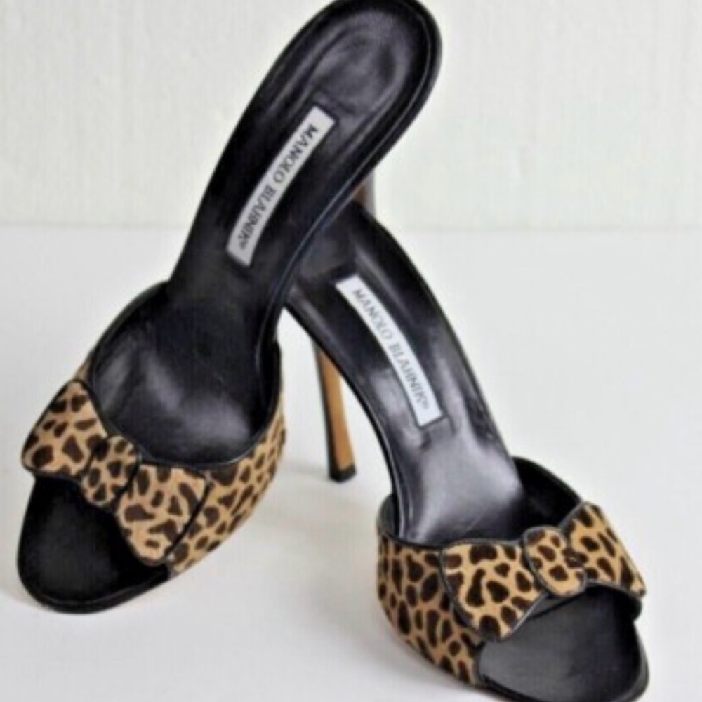 Manolo Blahnik Leopard Print Bow Open-Toe Heels